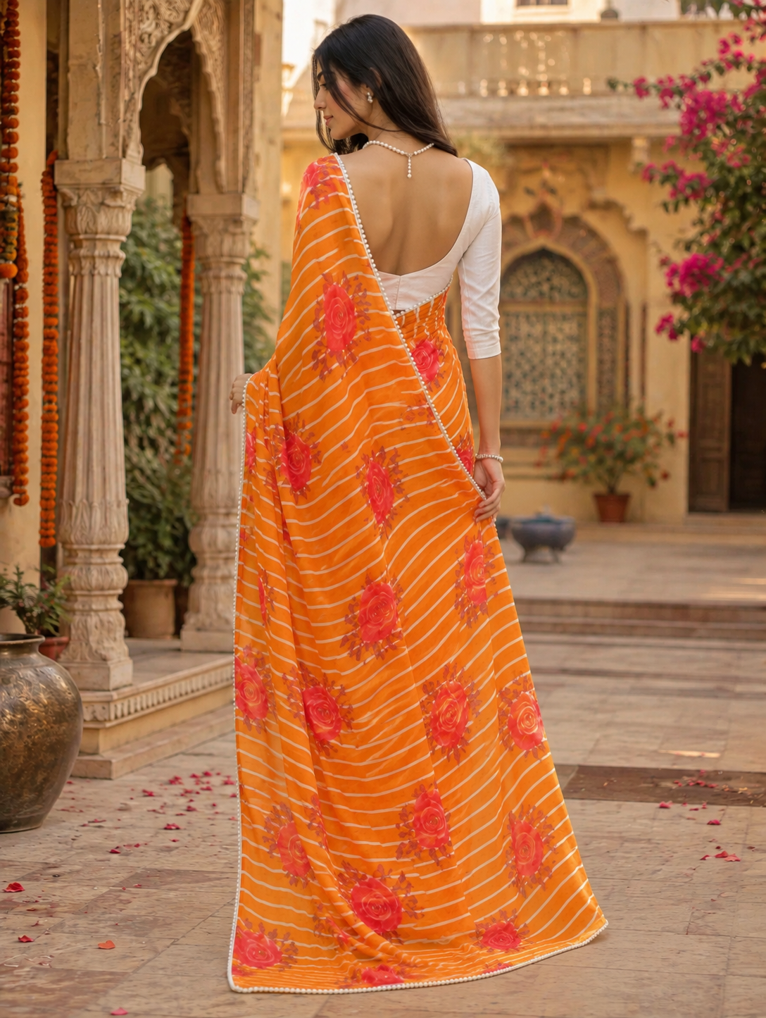 Organza Lehriya Printed Moti Lace Work Saree With Unstitched Blouse(Orange)