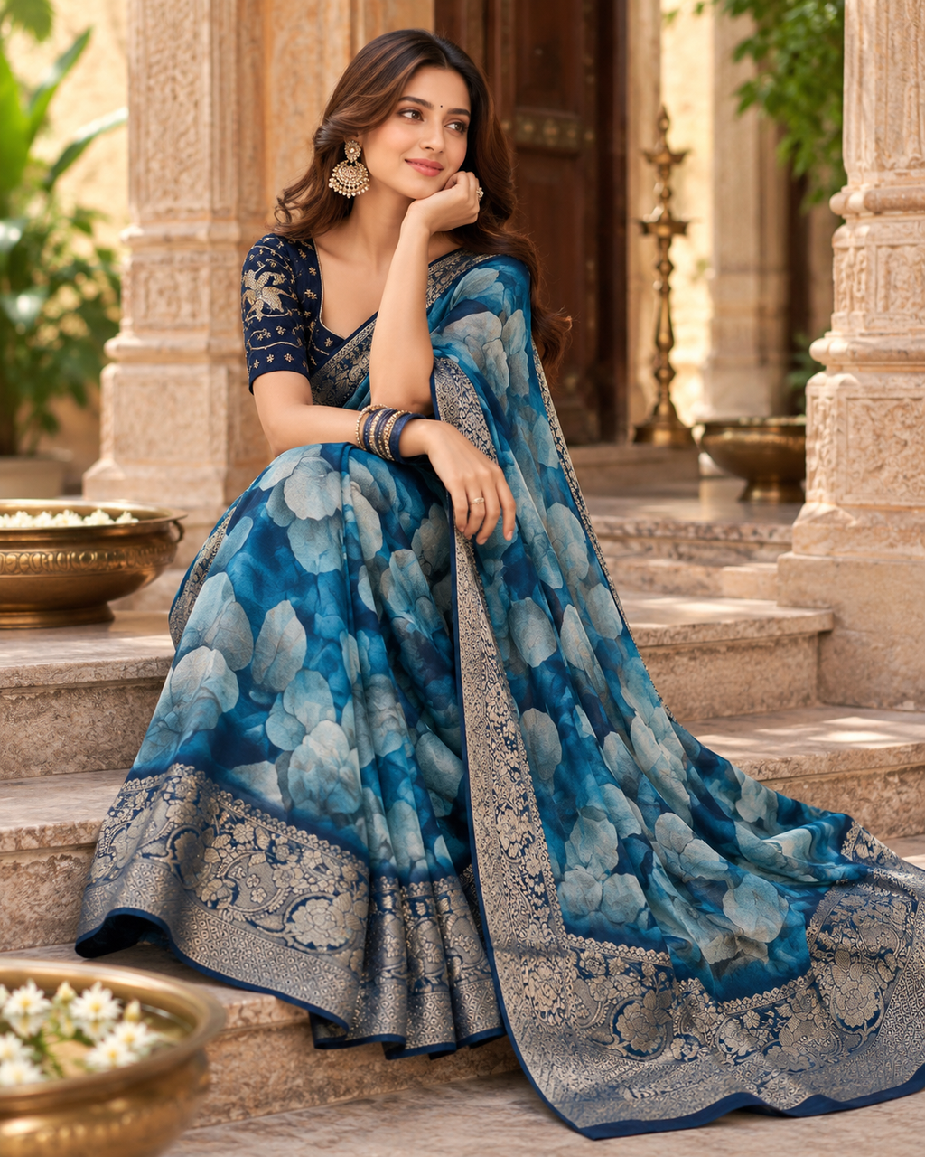 Chiffon Silk Printed Saree With Unstitched Blouse(Blue)