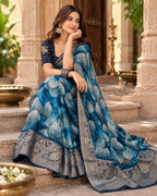 Chiffon Silk Printed Saree With Unstitched Blouse(Blue)