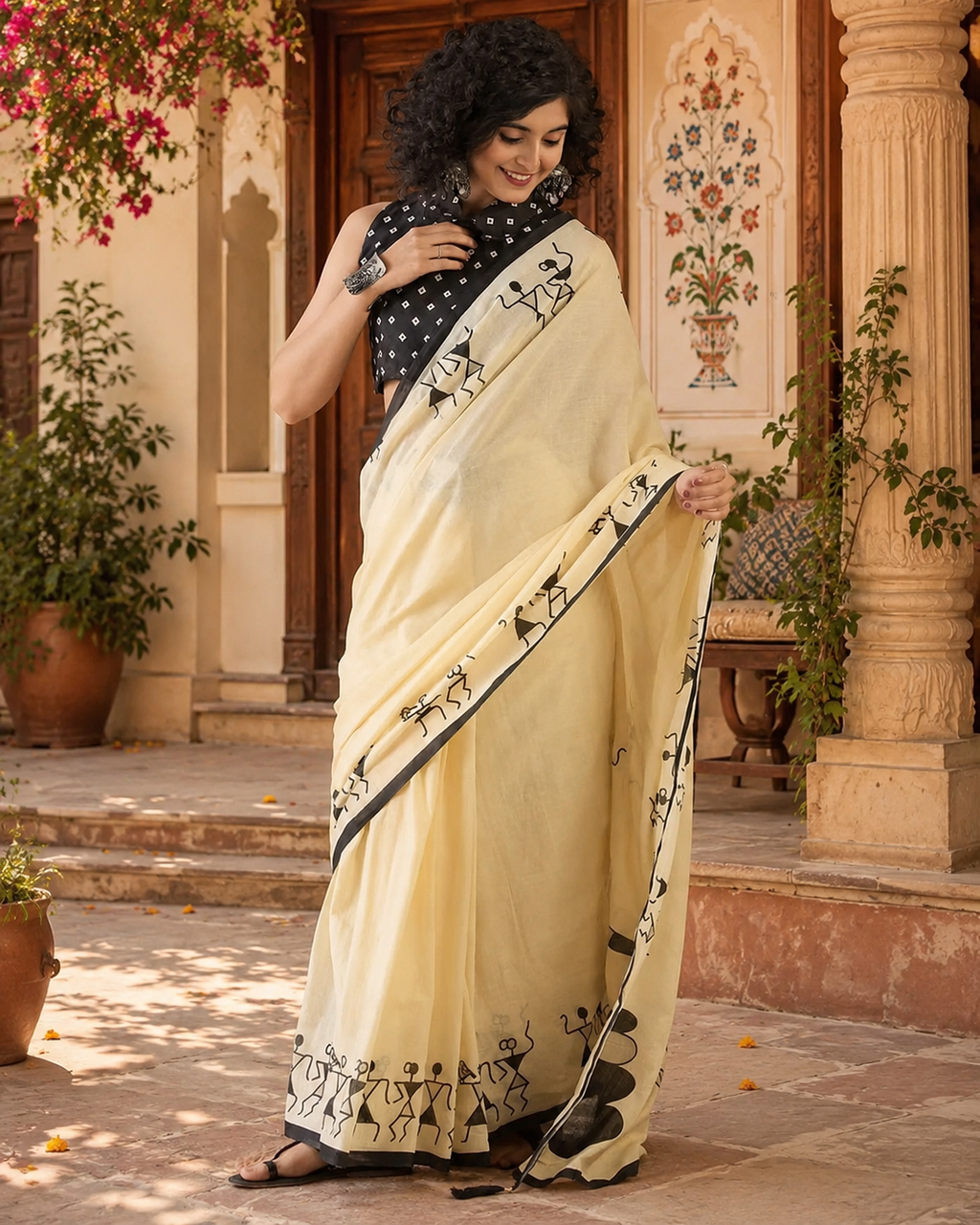Mulmul Cotton Bagru- Printed Saree With Unstitched Blouse(Cream)
