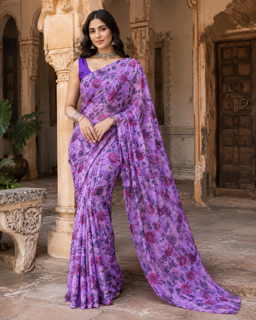 Premium Crepe Silk Floral Print Saree With Unstitched Blouse(Lavender)