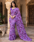 Premium Crepe Silk Floral Print Saree With Unstitched Blouse(Lavender)