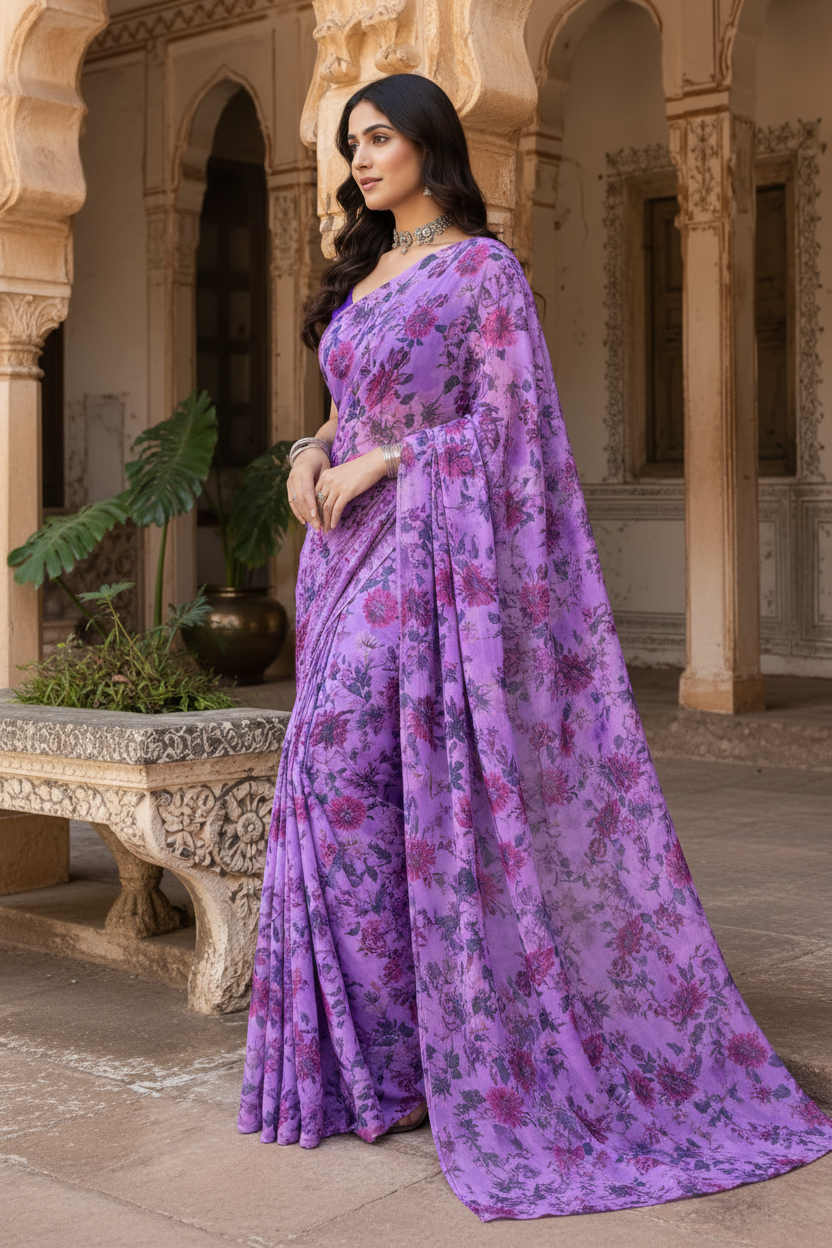 Premium Crepe Silk Floral Print Saree With Unstitched Blouse(Lavender)