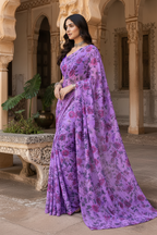 Premium Crepe Silk Floral Print Saree With Unstitched Blouse(Lavender)