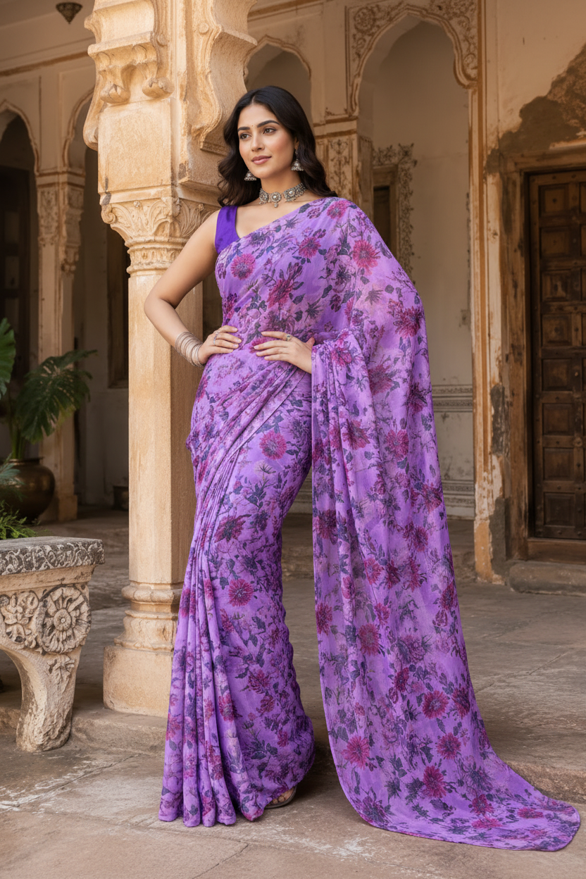 Premium Crepe Silk Floral Print Saree With Unstitched Blouse(Lavender)