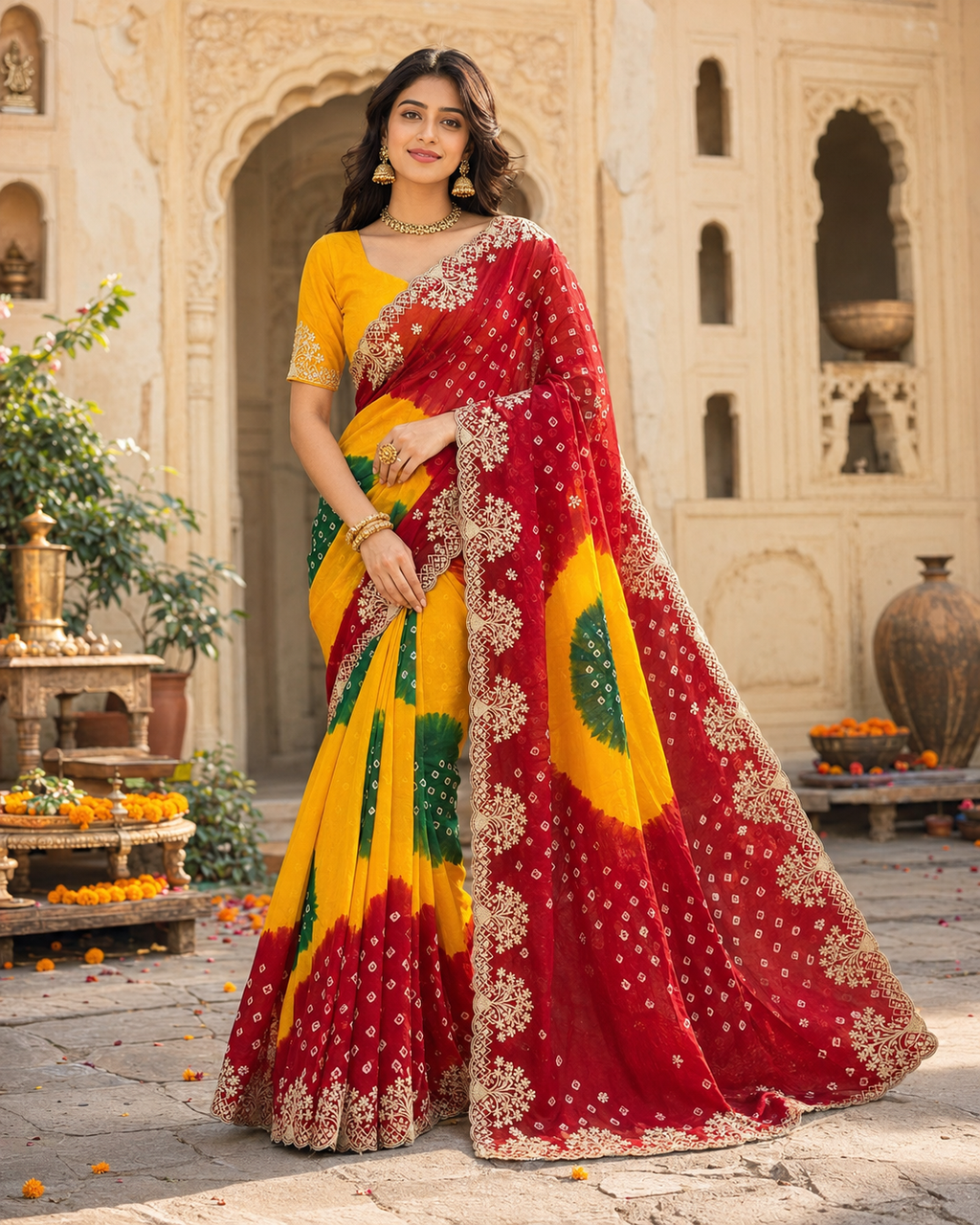 Georgette Bandhani Print Saree With Unstitched Blouse(Red)