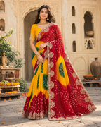 Georgette Bandhani Print Saree With Unstitched Blouse(Red)