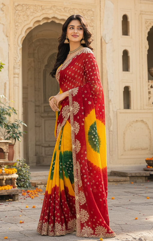 Georgette Bandhani Print Saree With Unstitched Blouse(Red)
