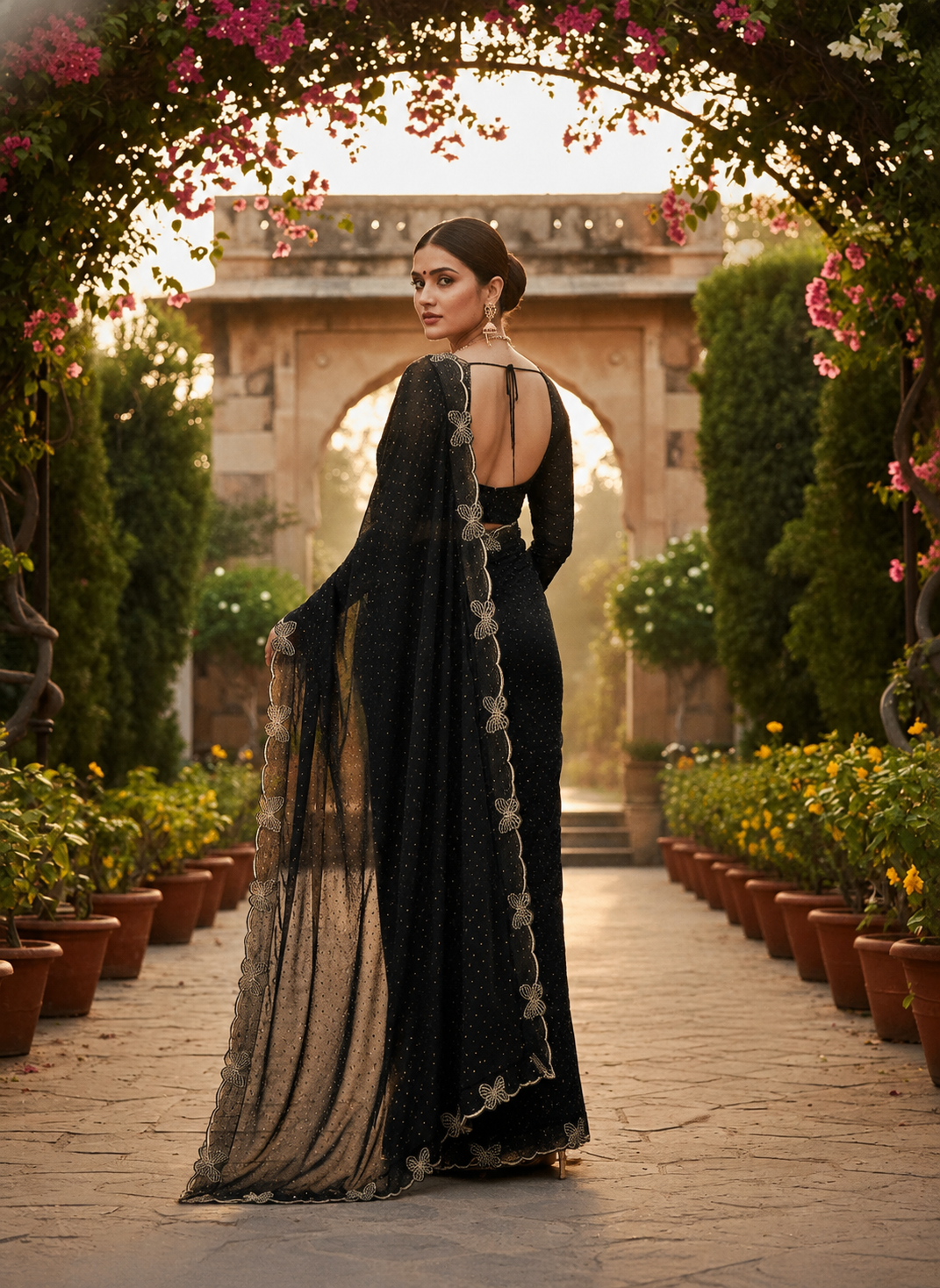 Georgette Saree With Unstitched Blouse(Black)