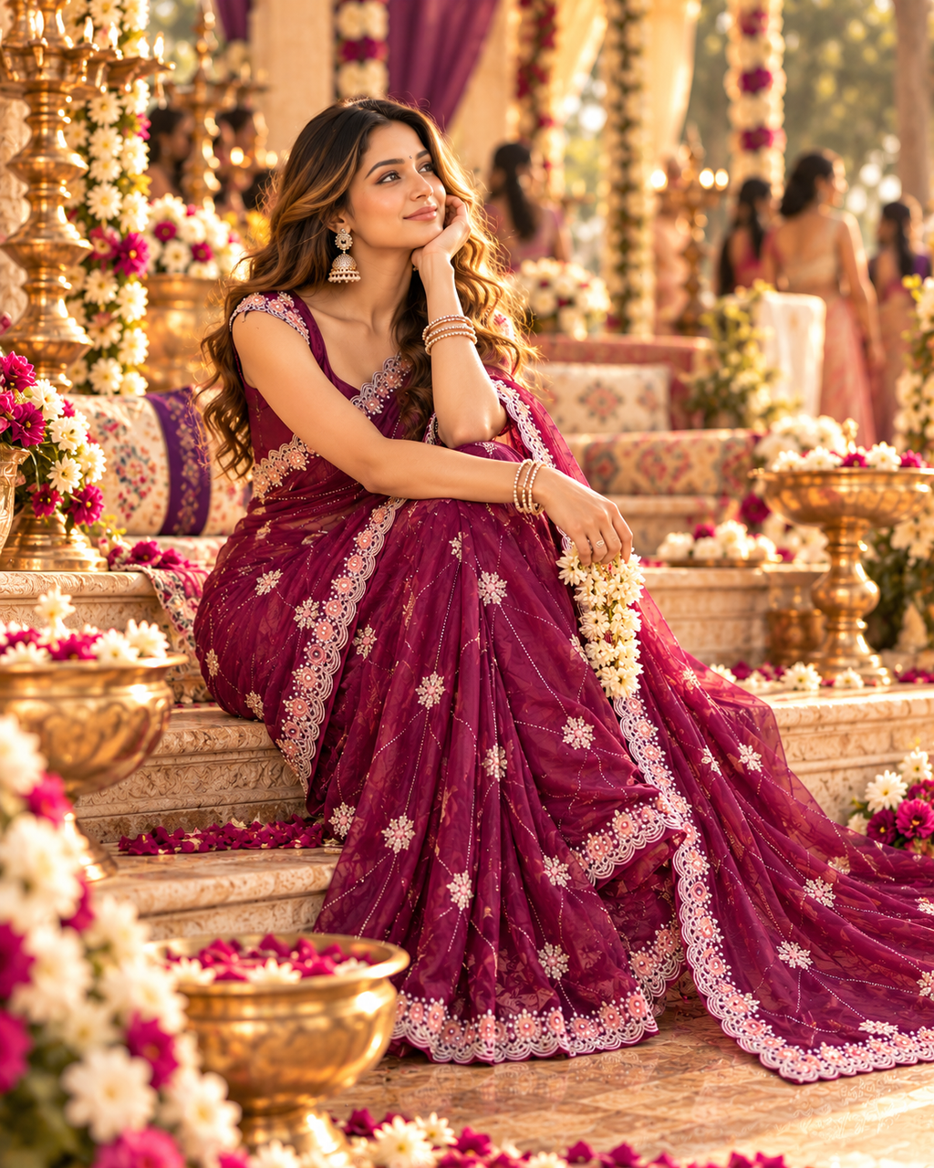 Pure Space Silk Embroidery Work Saree With Unstitched Blouse(Wine)