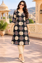 Cotton Printed Kurti Pant Two Piece Set(Black)