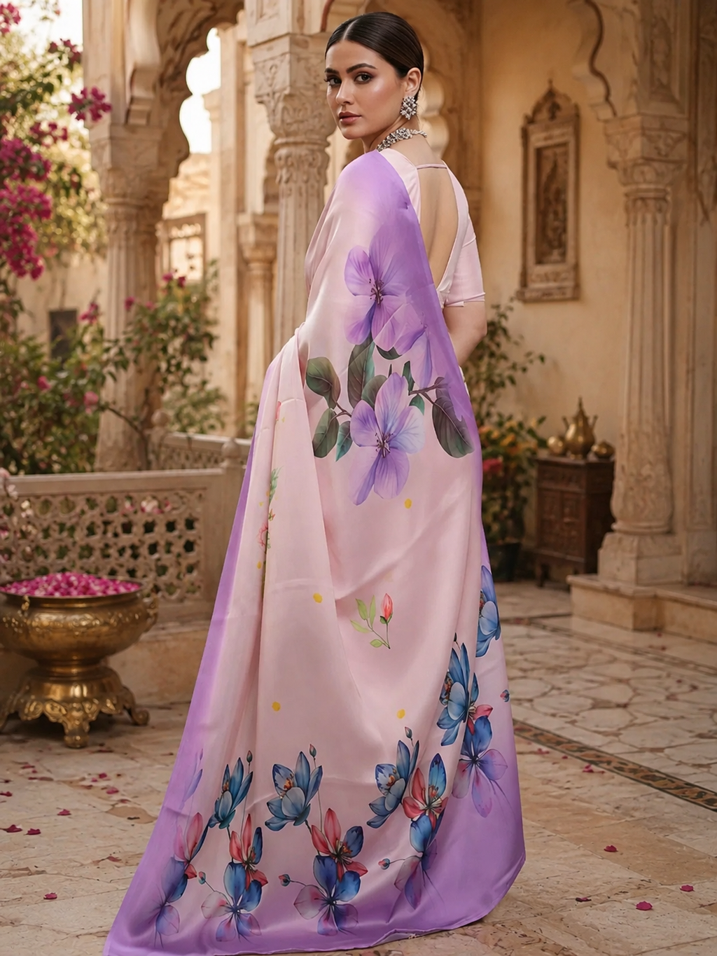 Satin Silk Floral Print Saree With Unstitched Blouse(Peach)