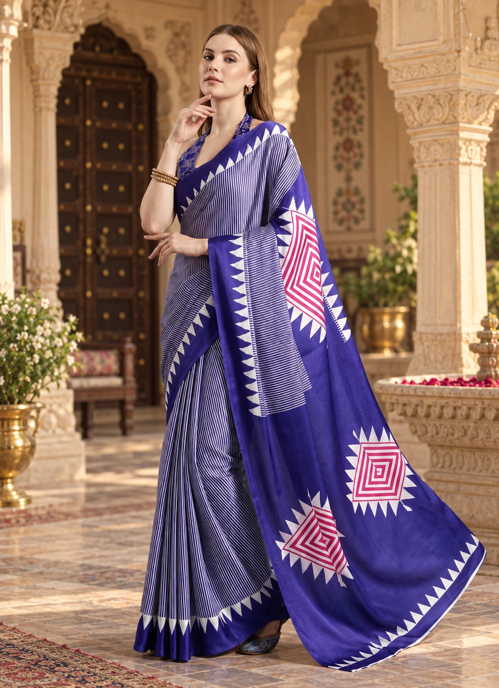 Satin Silk Ajrakh Printed Saree With Unstitched Blouse(Purple)