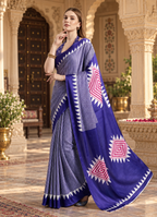 Satin Silk Ajrakh Printed Saree With Unstitched Blouse(Purple)