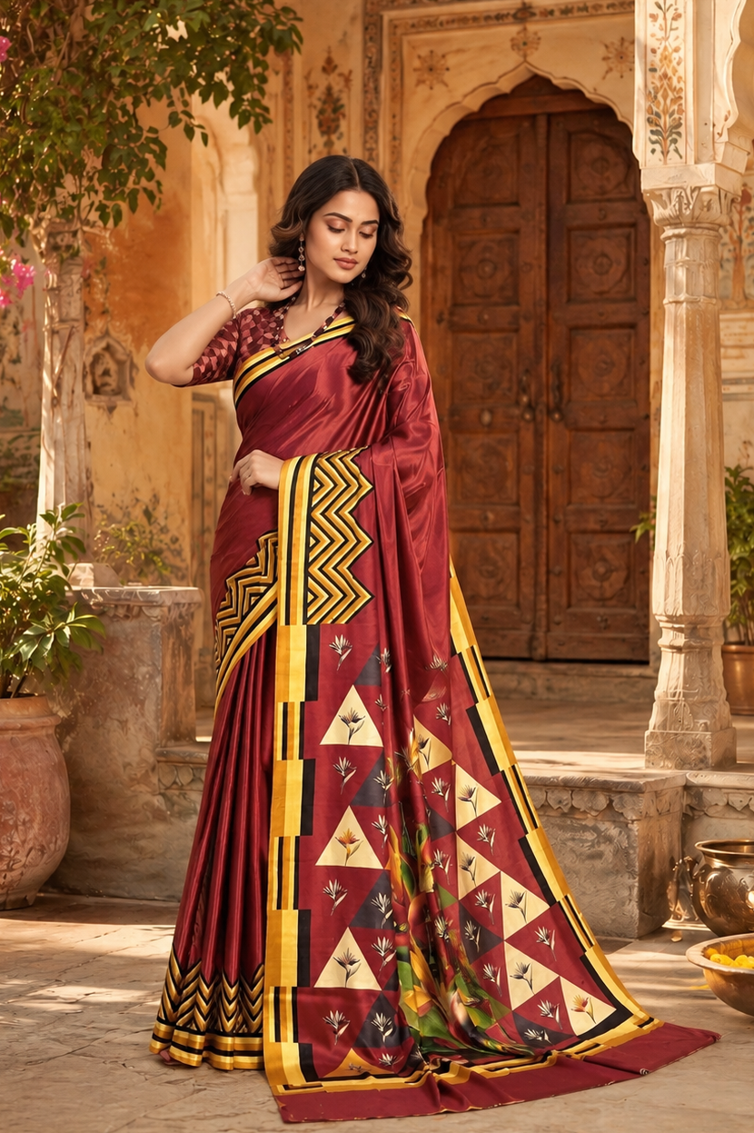 Premium Crepe Silk Digital Floral Print Saree With Unstitched Blouse(Red)