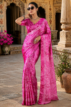 Satin Silk Ajrakh Printed Saree With Unstitched Blouse(Pink)