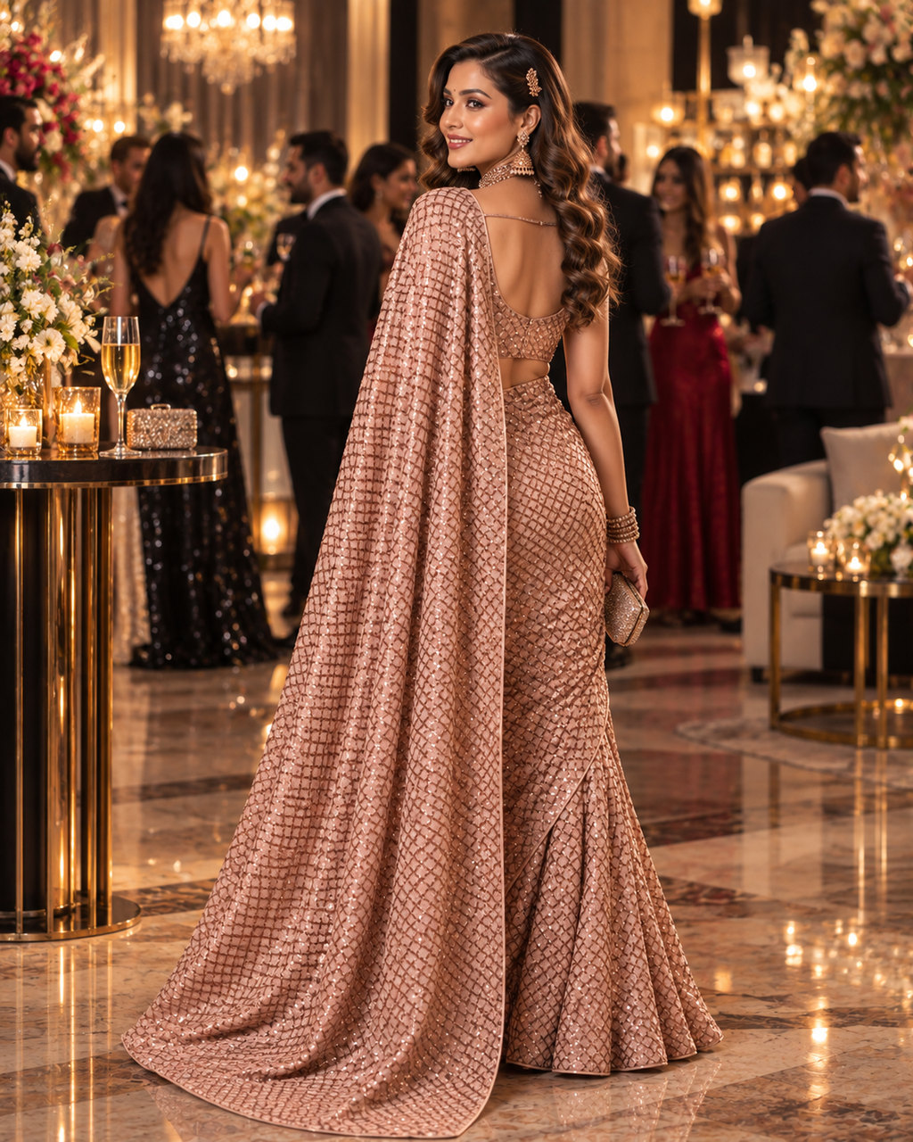 Premium Fancy Silk Party Wear Saree With Unstitched Blouse(Peach)