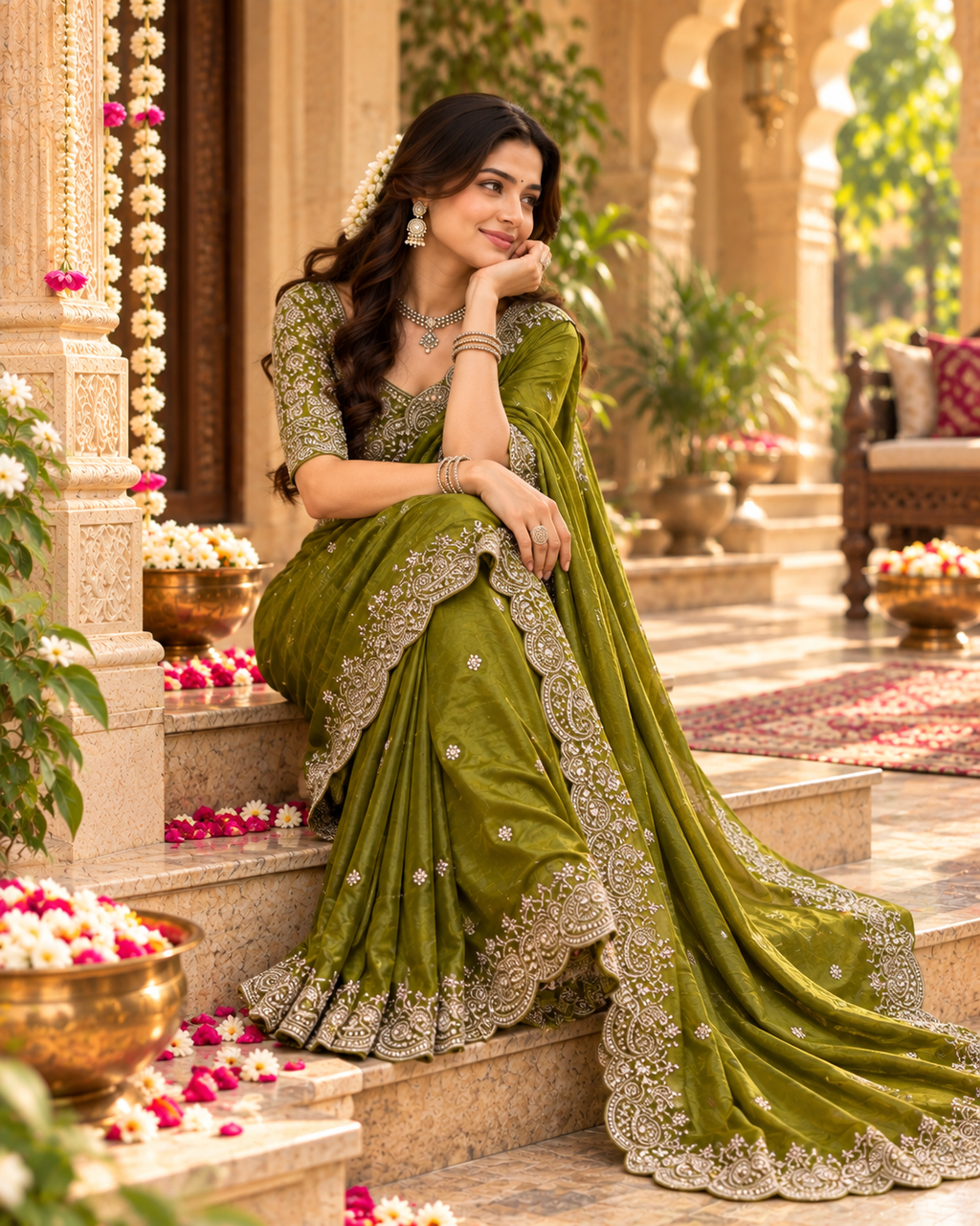 Premium Satin Silk Embroidery Work Saree With Unstitched Blouse(Green)