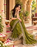Premium Satin Silk Embroidery Work Saree With Unstitched Blouse(Green)