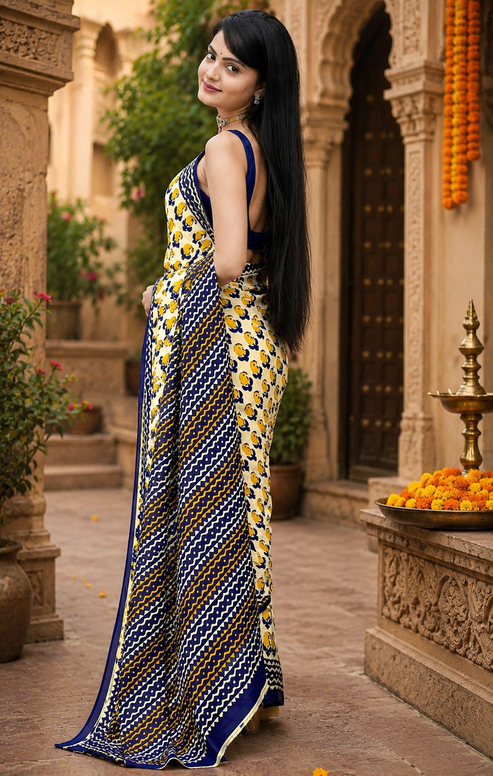 Mulmul Cotton Bagru Block Printed Saree With Unstitched Blouse(Mustard)