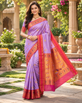 Premium Paithani Katan Silk Butti Saree With Zari Border Unstitched Blouse (Violet)