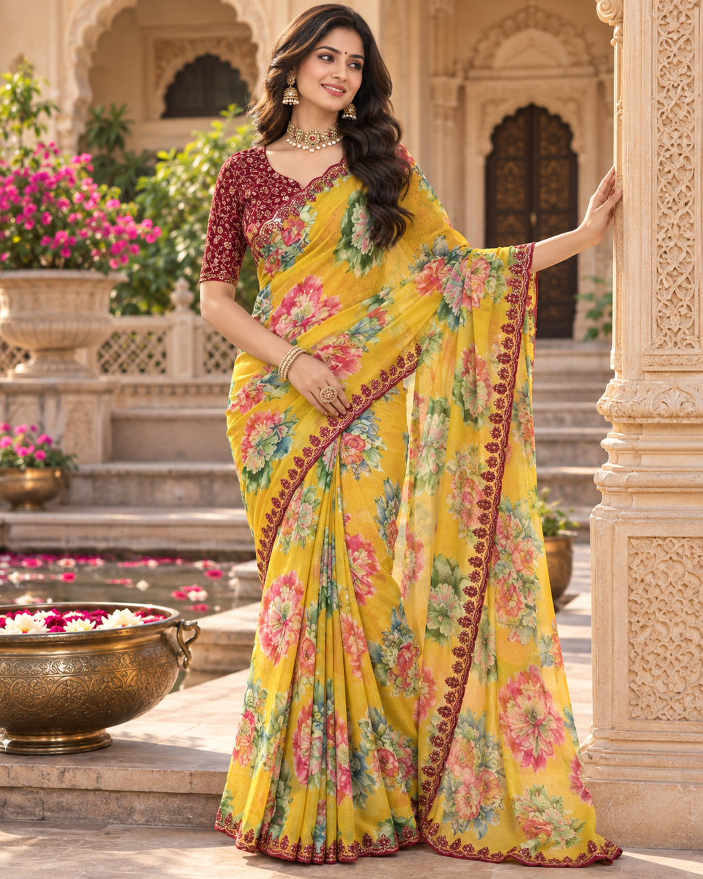 Pure Georgette Embroidery Work Saree With Unstitched Blouse(Mustard)