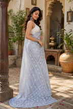 Organza Silk Embroidery Work Saree with Unstitched Blouse(Grey)