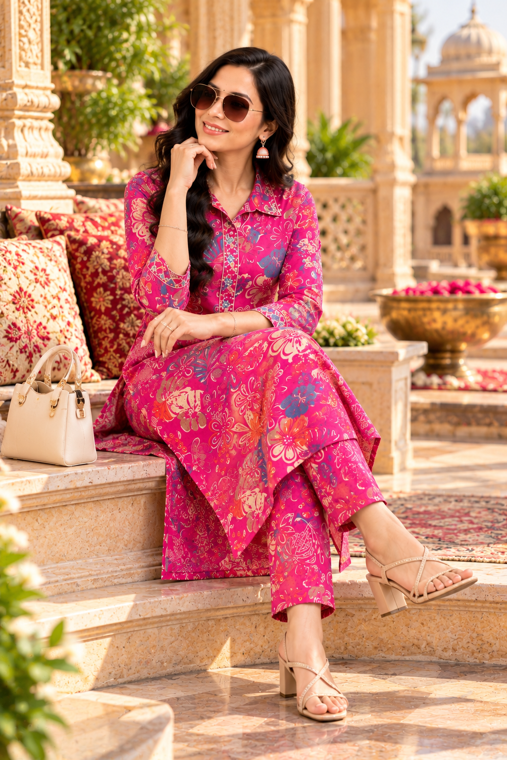 Roman Silk Kurti Pant Set(Pink)