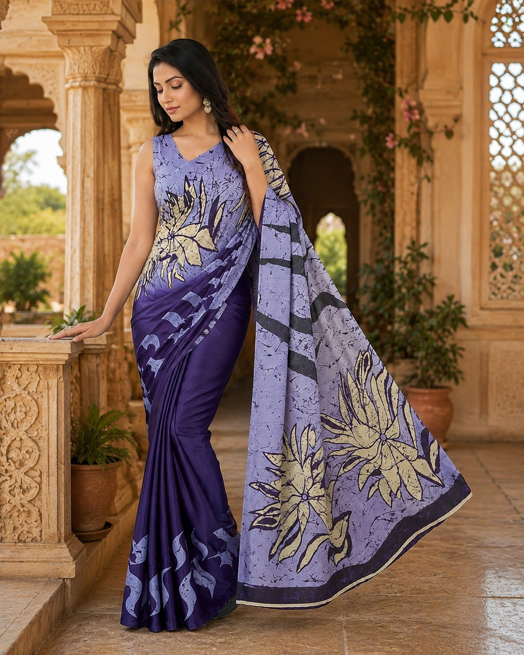 Satin Silk Printed Saree With Unstitched Blouse(Navy)