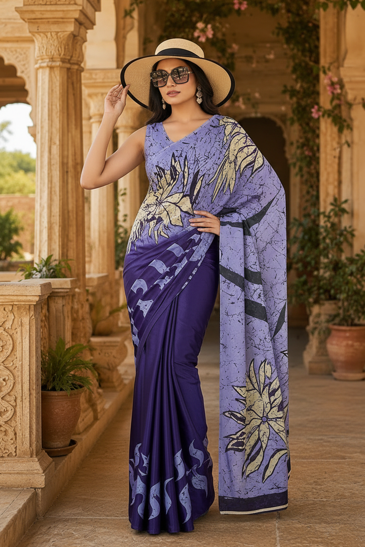 Satin Silk Printed Saree With Unstitched Blouse(Navy)
