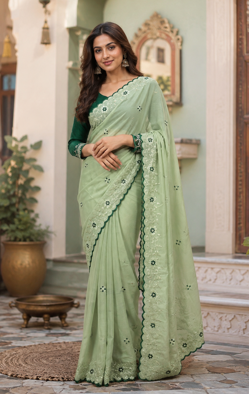 Premium Georgette Saree With Unstitched Blouse(Green)