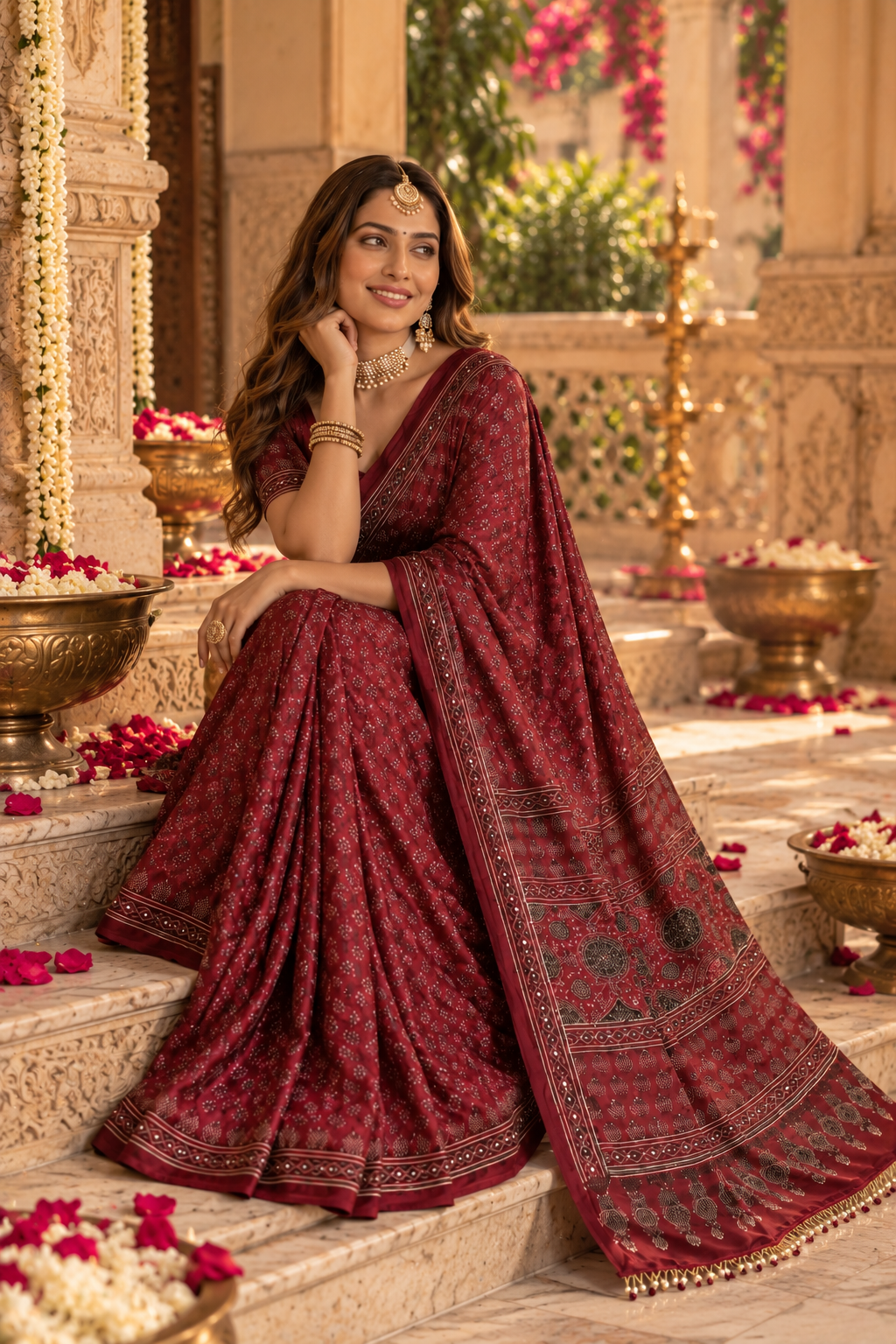 Satin Silk Ajrakh Print Mirror Work Saree With Unsitched Blouse(Red)