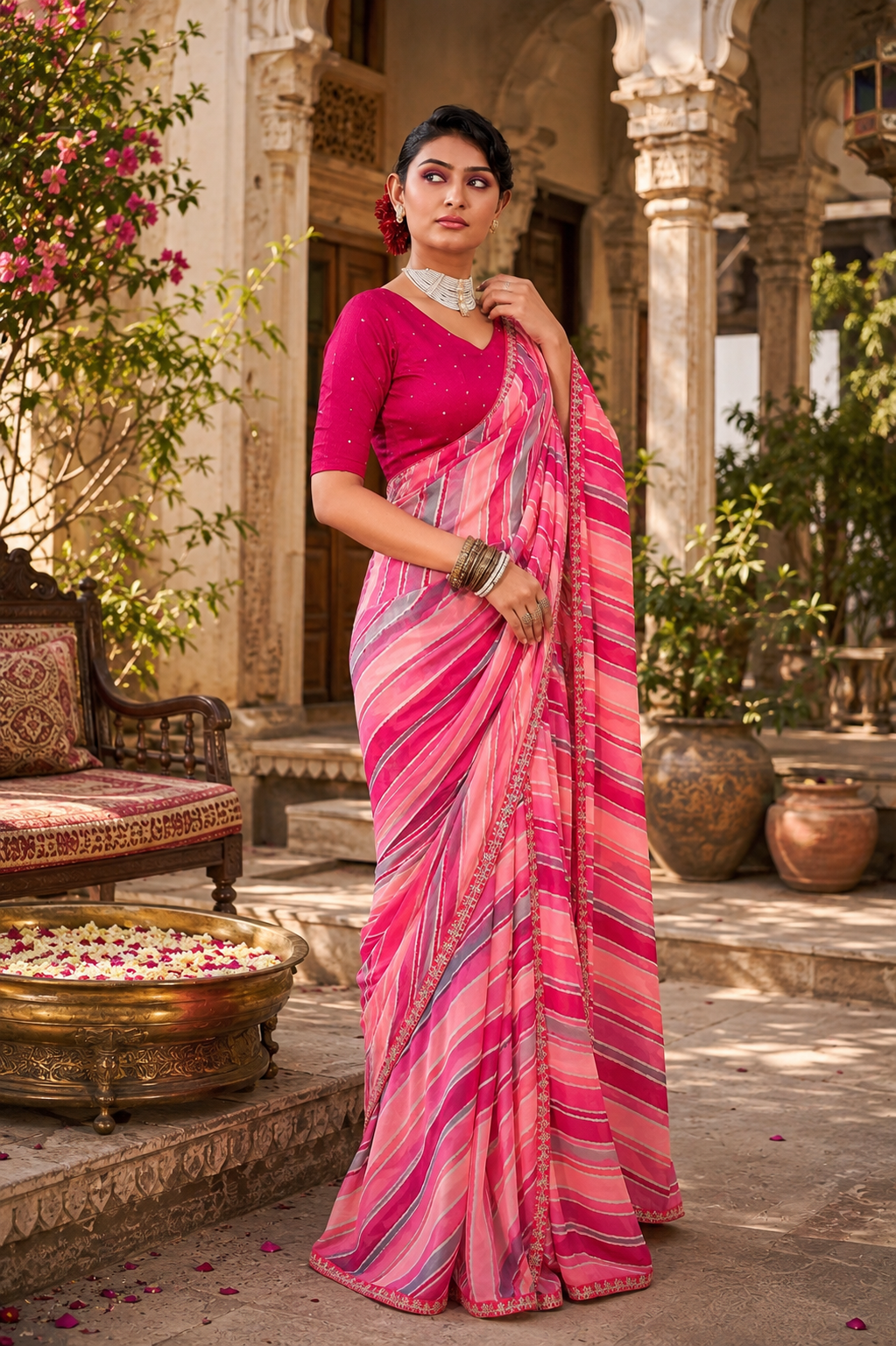 Premium Georgette Bandhani Work Saree With Unstitched Blouse(Pink)