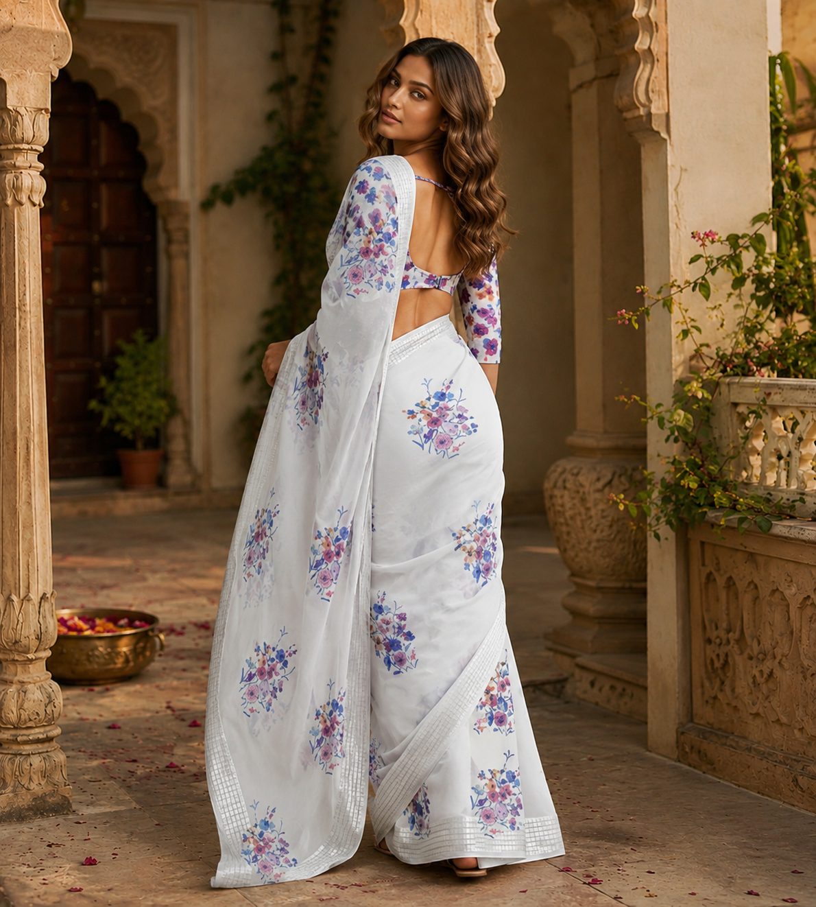 Georgette Floral Print Saree With Unstitched Blouse(White)