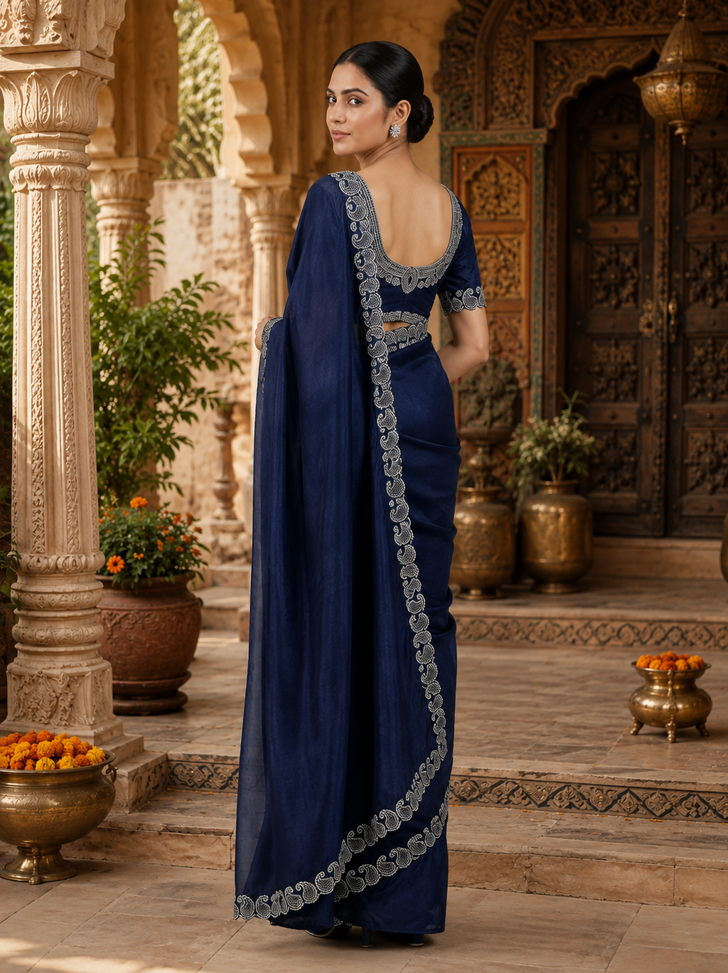 Elegant Zarkhan Diamond Work Space Silk Saree With Unstitched Blouse(Navy Blue)
