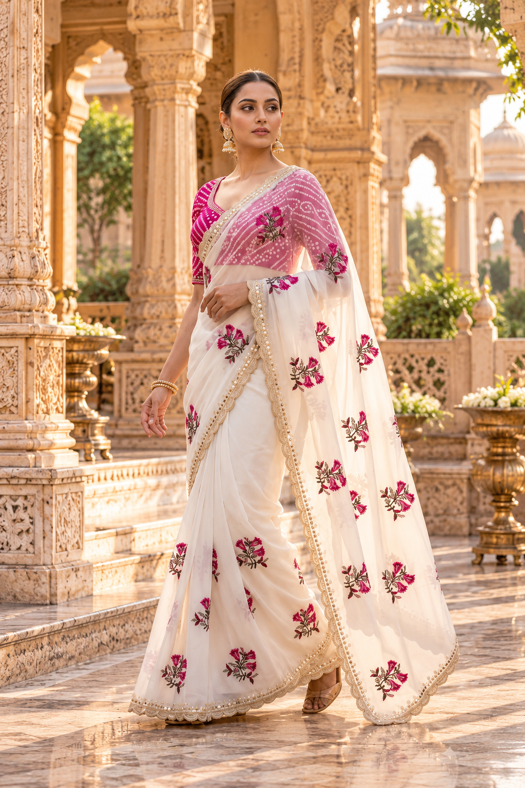 Premium Georgette Embroidery Work Saree With Unstitched Blouse(White)