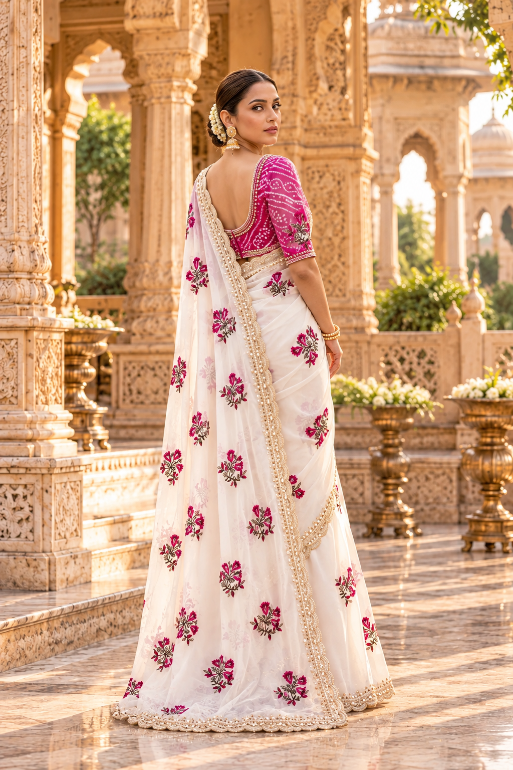 Premium Georgette Embroidery Work Saree With Unstitched Blouse(White)