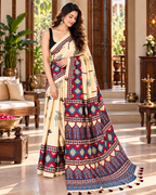 Premium Pure Satin Silk Ajrakh Print saree With Unstitched Blouse(Off White)