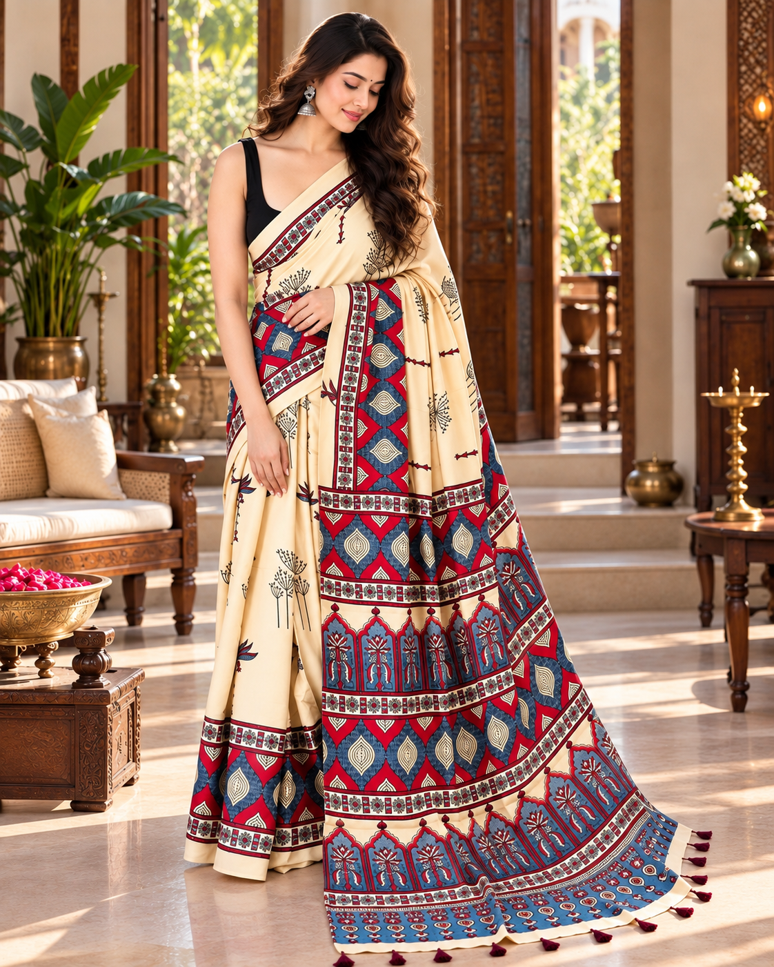 Premium Pure Satin Silk Ajrakh Print saree With Unstitched Blouse(Off White)