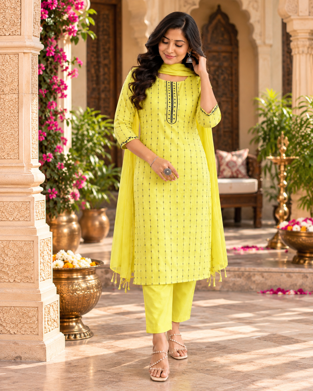 Cotton Kurti Pant Set With Dupatta(Yellow)