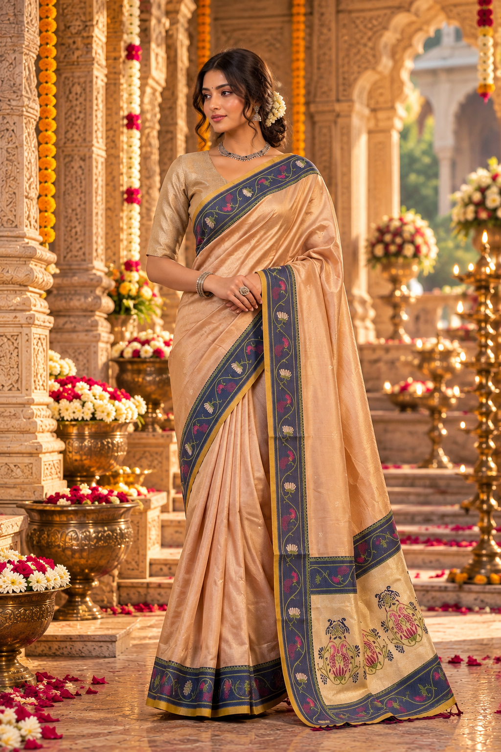 Premium Tissue Silk Saree With Unstitched Blouse(Peach)