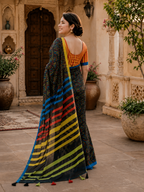 Linen Cotton Saree With Unstitched Blouse(Black)