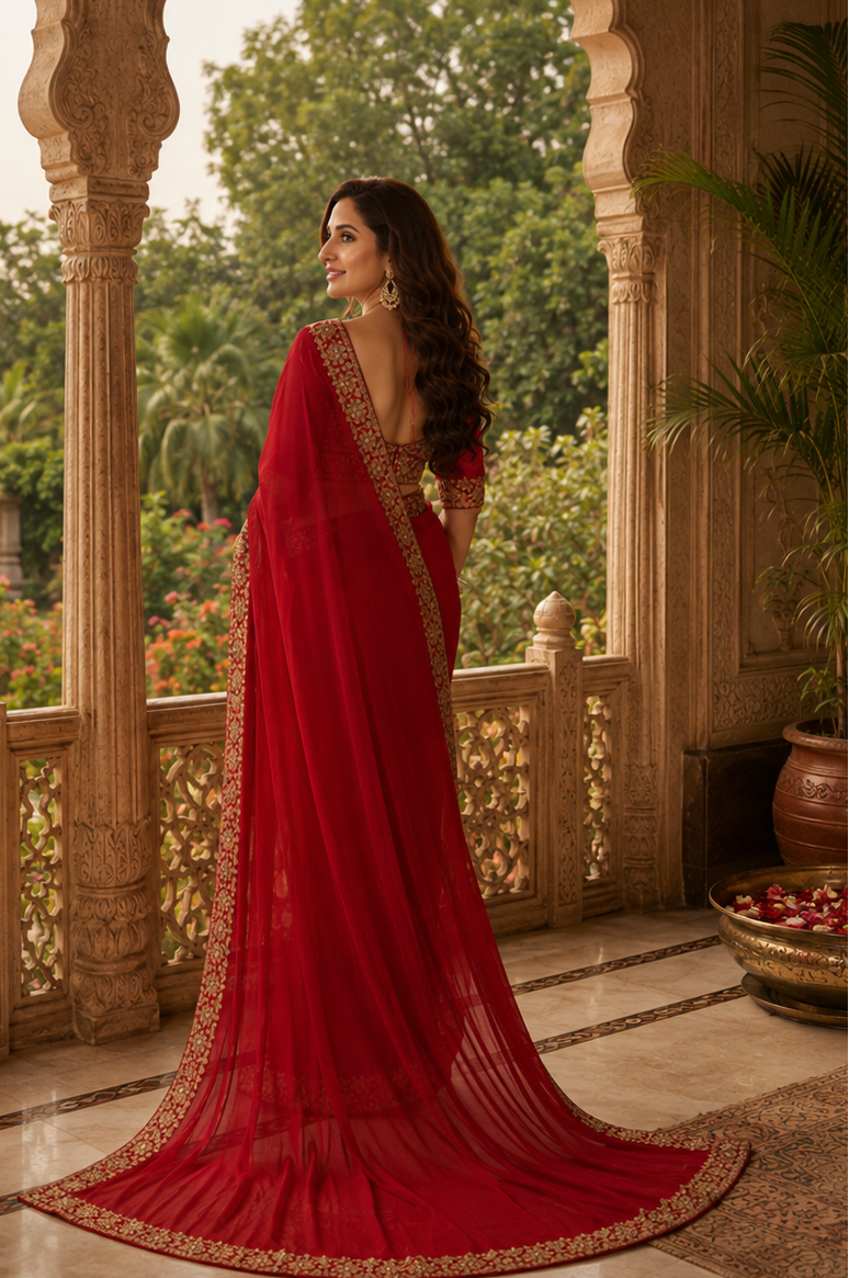 Georgette Embroidery Sequins Zari Work Saree With Unstitched Blouse(Red)