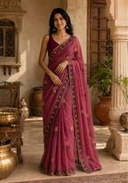 Star Georgette Ready To Wear Embroidery Work Saree With Unstitched Blouse (Maroon)