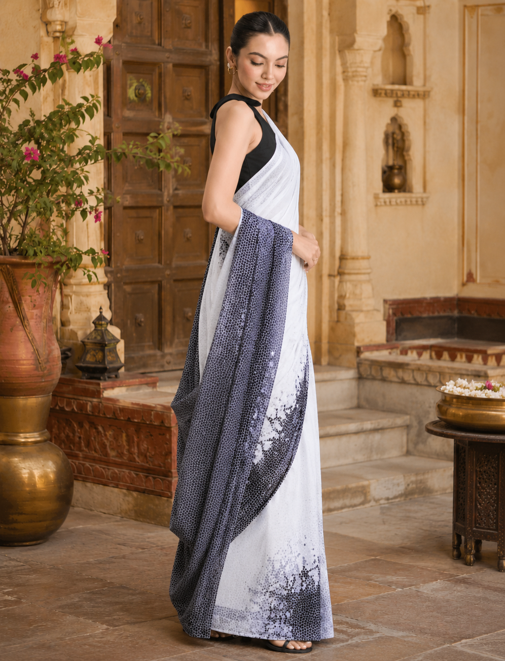 Original Japan Satin Printed Saree With unstitched Blouse(Grey)