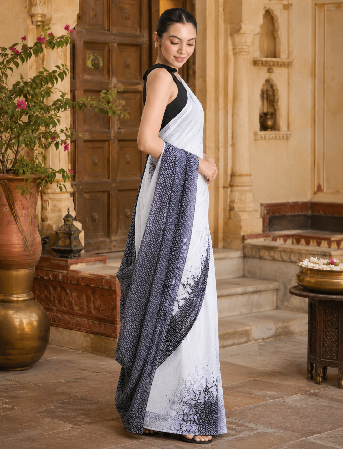 Original Japan Satin Printed Saree With unstitched Blouse(Grey)