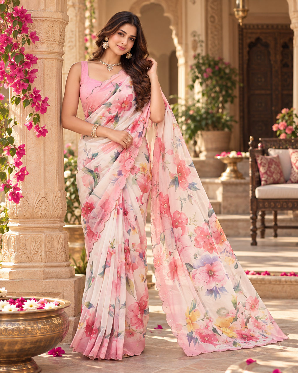 Soft Tissue Silk Floral printed Saree With Unstitched Blouse(White)