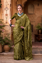 Satin Silk Designer Saree With Unstitched Blouse(Green)