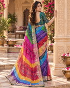 Pure Bandhani Bhej Print Gotta Patti Work Silk Saree With Unstitched Blouse(Morpich)