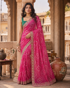 Georgette Bandhani Print Saree With Unstitched Blouse(Rani)
